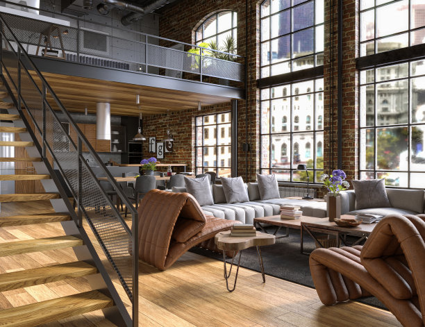 工业风格阁楼公寓，拱形窗户和室内阳台，3d渲染图片下载