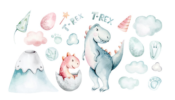 水彩可爱的恐龙。恐龙设定孤立在一个白色背景手绘插图，婴儿淋浴邀请孩子的生日侏罗纪派对。卡通暴龙装饰图片下载