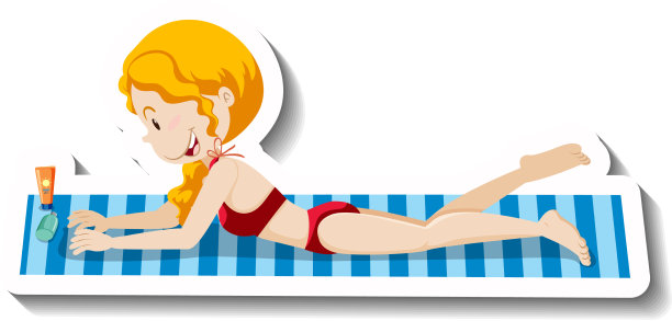 女孩躺在沙滩垫子卡通贴纸图片下载