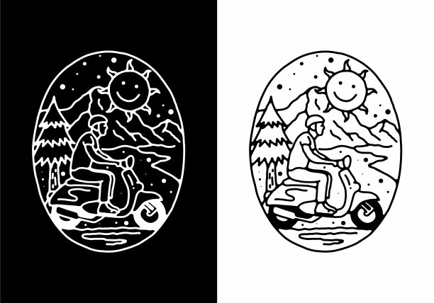 黑色和白色的男人骑踏板车线图片下载