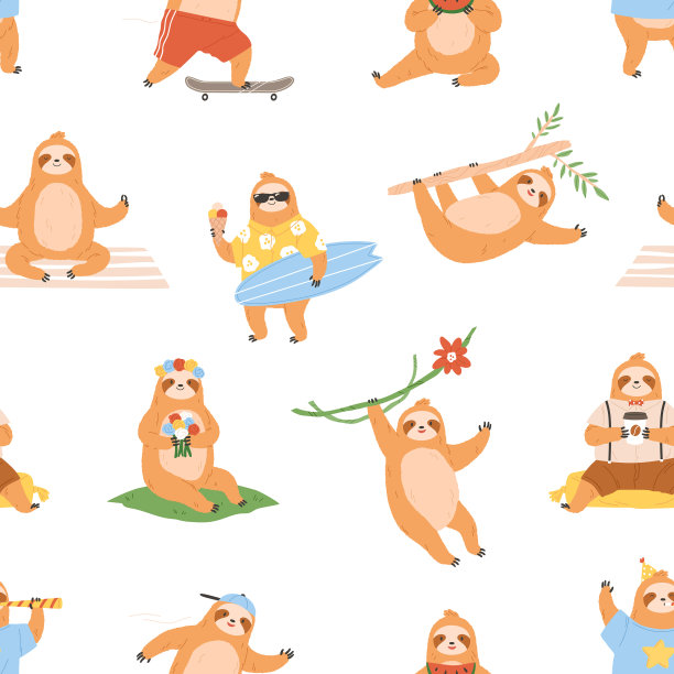 可爱的树懒图案无缝背景与懒惰图片下载