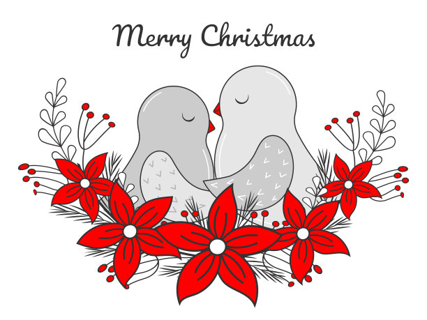 手绘圣诞贺卡中的小鸟图片下载