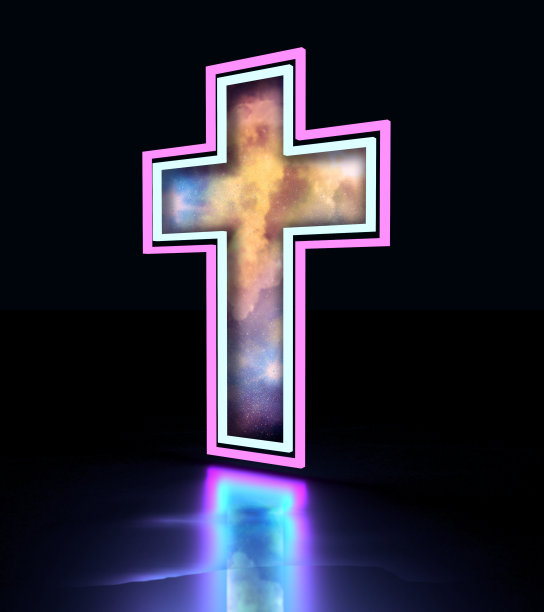 霓虹灯的光芒细线基督教交叉与反射作为入口的宇宙充满了恒星。三维渲染图片下载