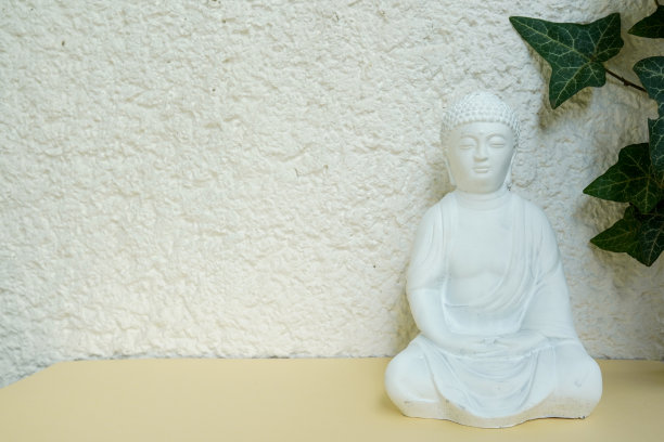 白色的石头佛像在白色的背景与绿色的植物叶子，复制空间图片下载