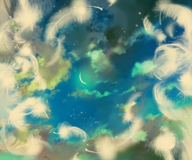 插图白色羽毛的蓬松的舞蹈天使和背景的夜空与月亮照耀图片下载