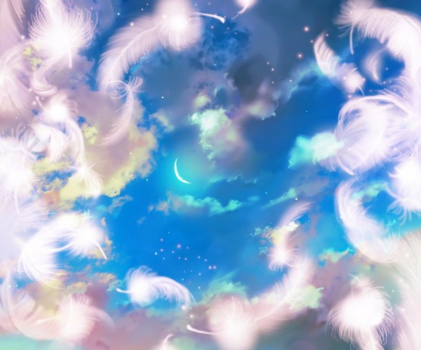 插图白色羽毛的蓬松的舞蹈天使和背景的夜空与月亮照耀图片下载