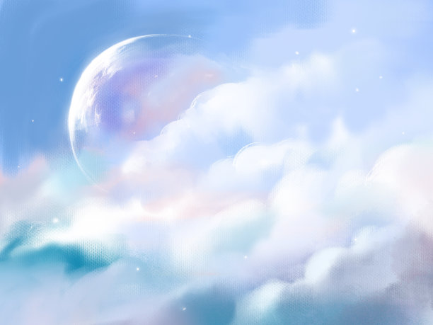 星夜的插图，夜空中巨大的满月和梦幻般的云海图片下载