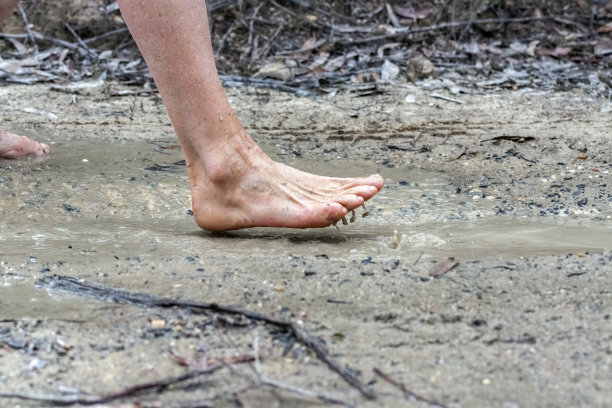 特写赤脚女人走过泥坑，背景与拷贝空间图片下载