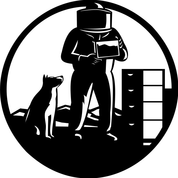 养蜂人穿着蜜蜂服和边境牧羊犬狗图片下载