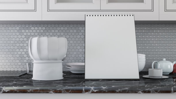 在现代厨房计数与厨师的帽子空菜单板图片下载