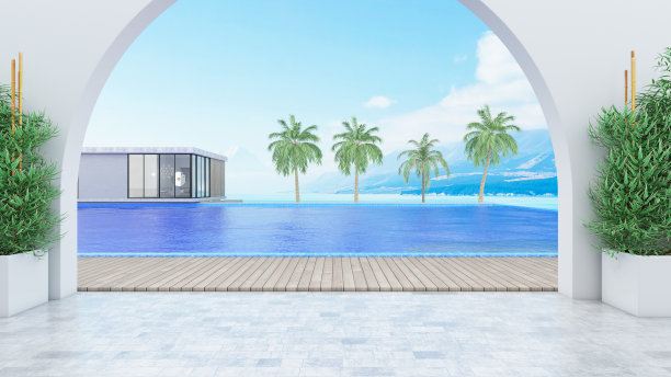 带有拱形游泳池的豪华夏季别墅图片下载