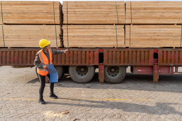 一名中国女工在检查卡车旁边的木材数量图片下载