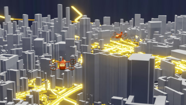 无人机在未来城市上空飞行，3d渲染图片下载