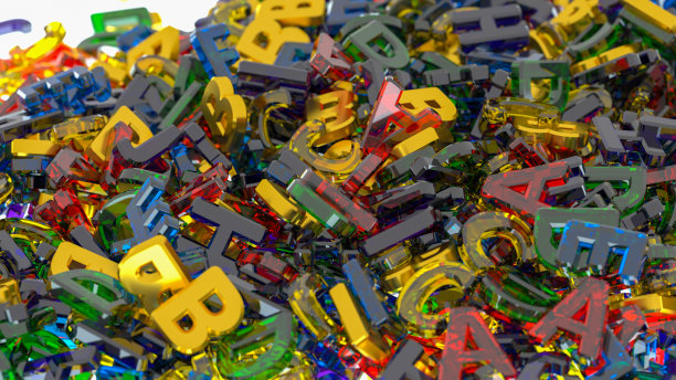 字母在简单的背景。白色背景上的玻璃和金色字母。彩虹的颜色。三维演示图片下载