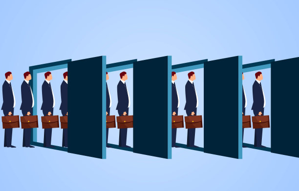 一群群商人站在敞开的大门内排队等候，商人进了门，商人出了门，等待着机遇和挑战新的机遇图片下载