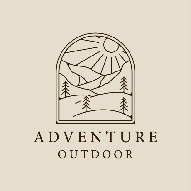 山和松树标志线条艺术简单简约的矢量插图模板图标图形设计。旅游公司的户外探险标志或标志图片下载