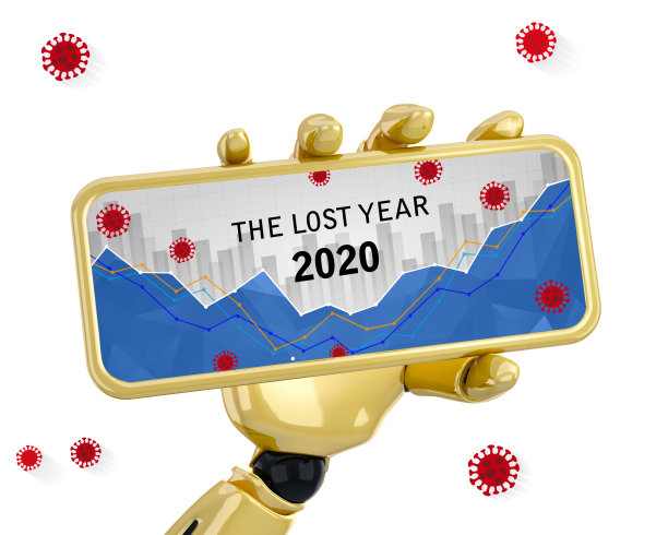 3d渲染机器人手握新冠病毒病COVID-19与文本失落的2020年修正市场背景板。国际贸易市场黑天鹅事件的概念图片下载