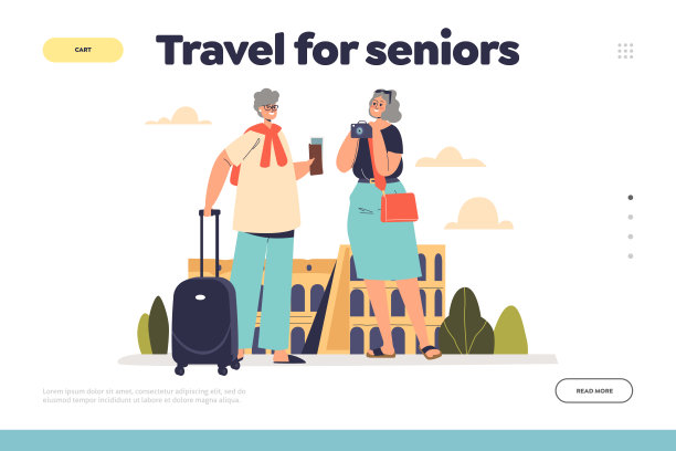 为高级旅游概念登陆页面与快乐的老年女性朋友度假旅行图片下载