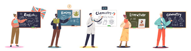 集合老师在黑板上讲解课文:几何、化学、生物、英语、文学图片下载