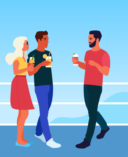 一群年轻女性在露天露台上享受海景。男女角色在一起喝鸡尾酒，在游艇露台上交流。可编辑的矢量图图片下载