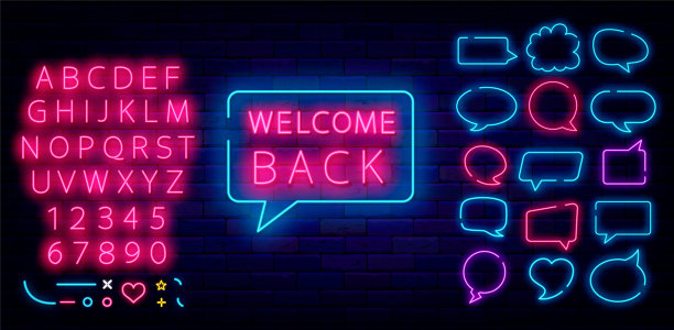 欢迎回来，霓虹灯。闪亮的粉红色的字母表。演讲泡沫收集。向量股票插图图片下载