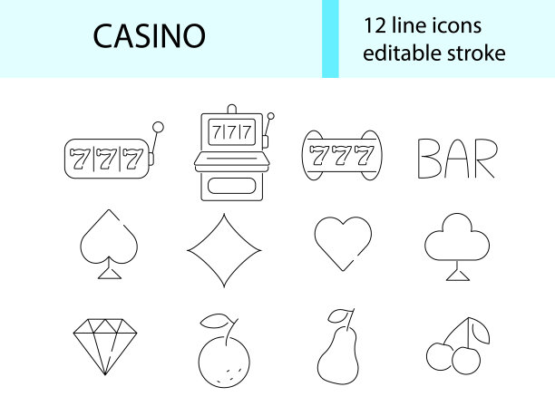 赌场轮廓图标收集。彩票和老虎机标志设置。扑克卡。孤立向量图图片下载