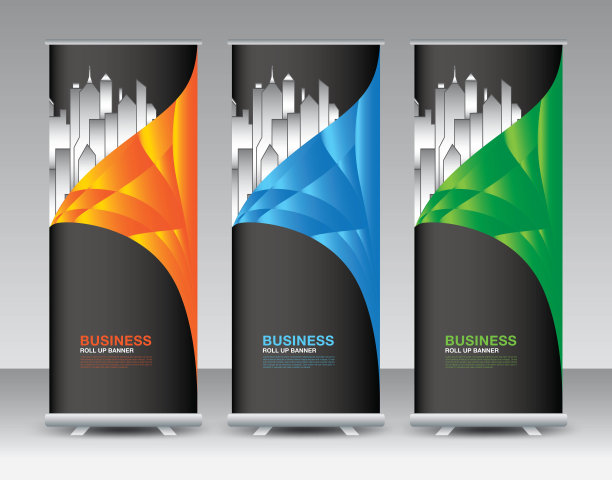 商业卷起横幅设置，卷起横幅设计，旗帜架或旗帜设计，j旗，x旗架，x旗，展览展示，展台设计，海报，广告，几何背景模板，矢量图片下载