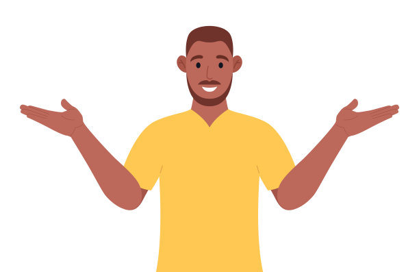 一名留着胡子的非洲男子穿着黄色t恤，指着一边，给我看什么东西。矢量插图。图片下载