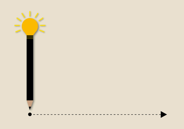 铅笔与黄色灯泡和箭头在棕色背景。想法启发企业财务的概念。图片下载
