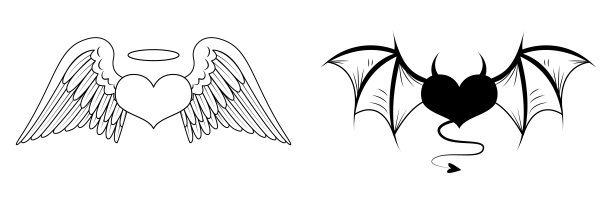两颗心分别长着天使和恶魔的翅膀。天使的心带着光环。魔鬼的心，有角和尾巴。为纹身画草图。矢量插图孤立在白色背景图片下载