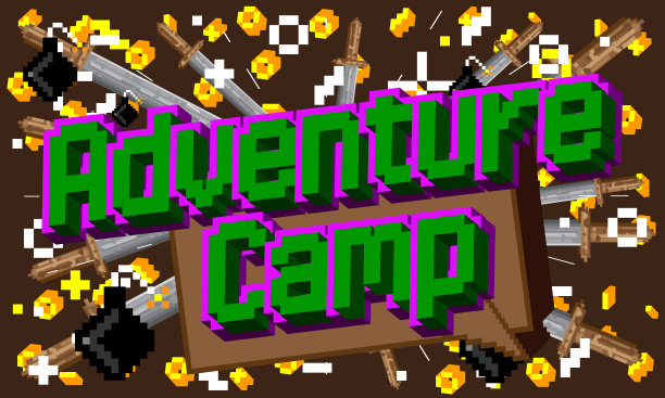 探险营地。像素字与几何图形背景。图片下载