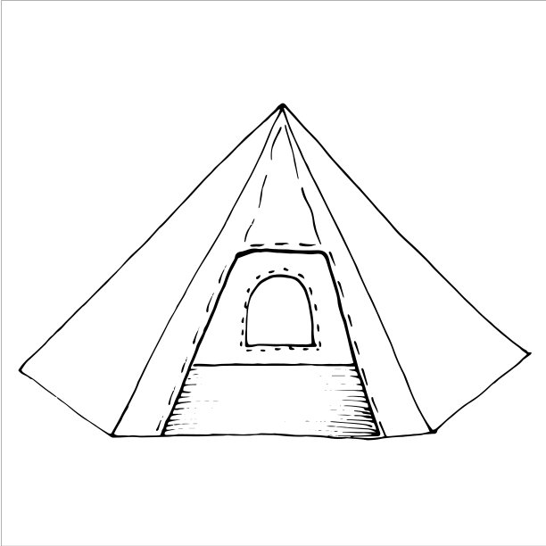 手绘帐篷涂鸦图标。手绘黑色素描。标志符号。装饰元素。白色背景。孤立。平面设计。向量卡通插图。图片下载