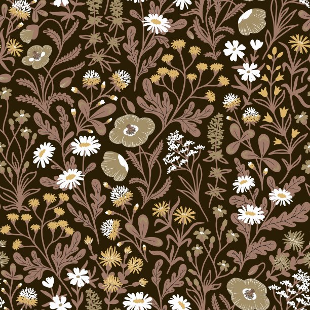 棕色矢量无缝背景与各种野花图片下载