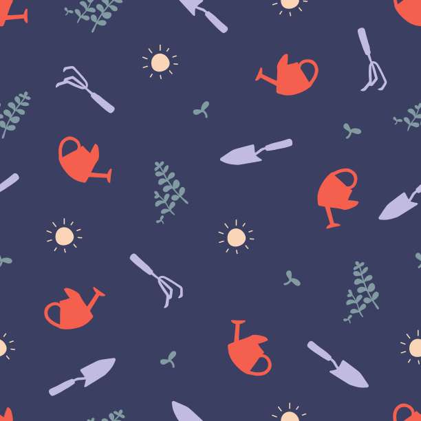 园艺工具浇水铲叉矢量图形无缝模式图片下载