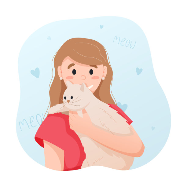 矢量插画，一个女孩抱着一只猫。图片下载