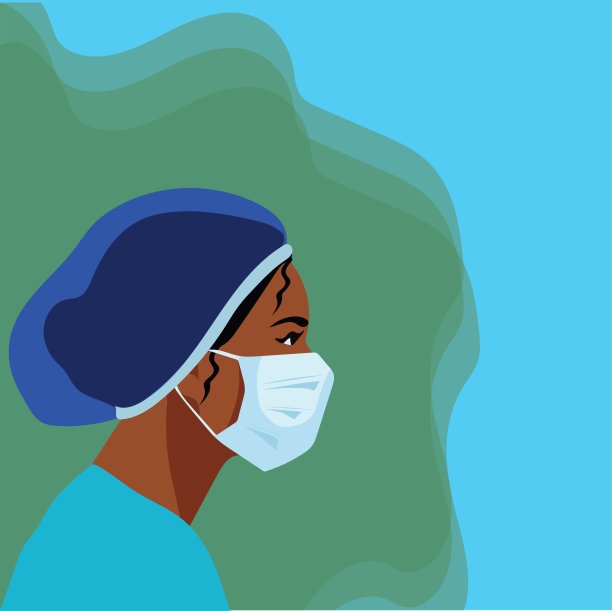 戴医用口罩和帽子的护士。病毒漂浮在空气中医务人员正在与一种病毒感染作斗争。矢量插图的护士在蓝色制服上。图片下载