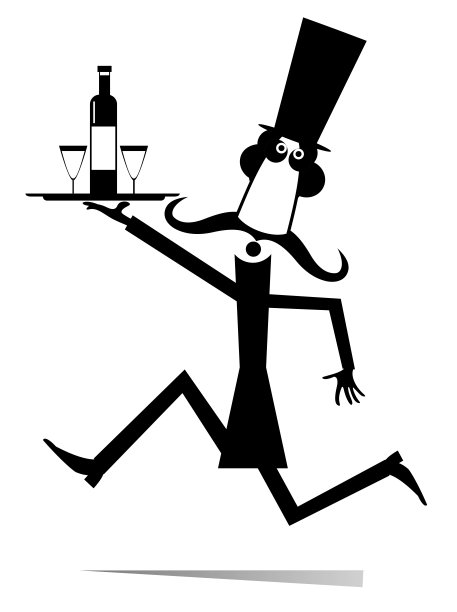 喜剧演员端着一个托盘，托盘上有一个瓶子和两个杯子图片下载