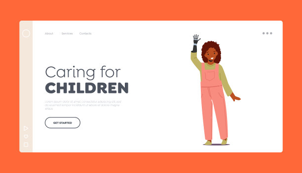 照顾儿童登陆页模板。儿童残疾，截肢。残疾女孩与仿生手假肢图片下载