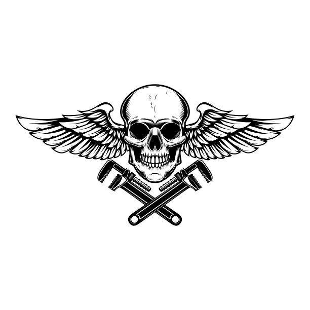 带翅膀的头骨和交叉的扳手。设计元素为徽章，标志，徽章。矢量图图片下载