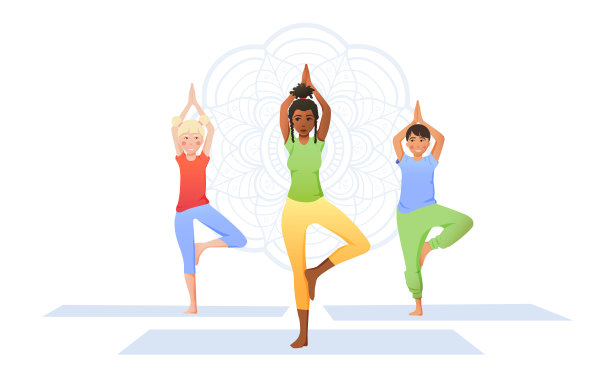 儿童与瑜伽教练站在树的姿势图片下载