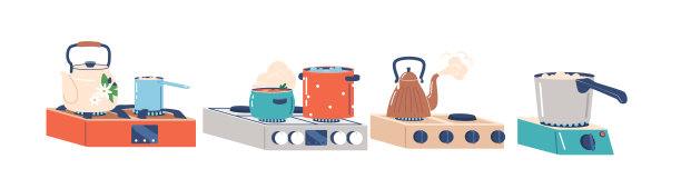 食物烹饪概念与一套餐具站在烤箱。蒸炖锅，热锅或水壶孤立的厨房用具图片下载