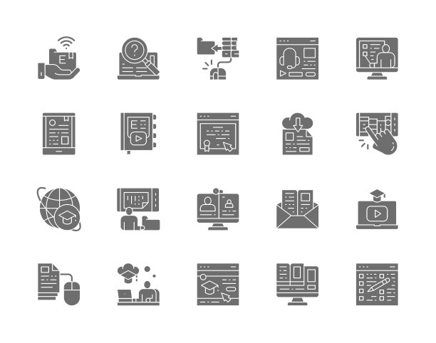在线教育灰色图标集。文凭，图书馆，网络研讨会，播客等等。图片下载
