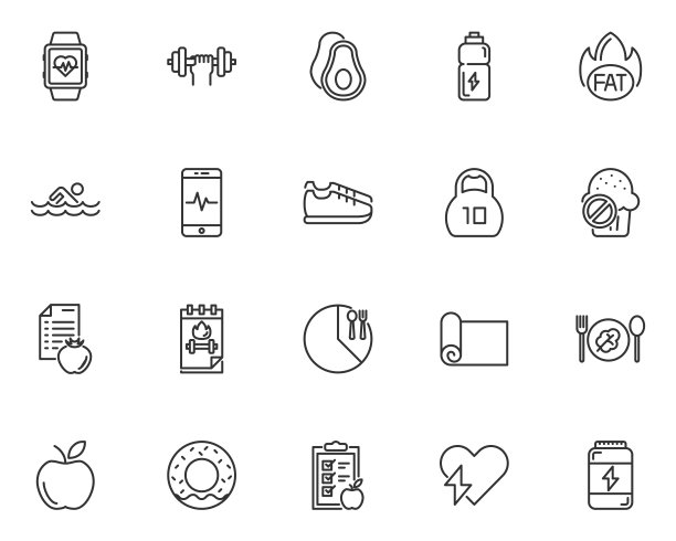集健康生活线条图标、饮食、健身图片下载