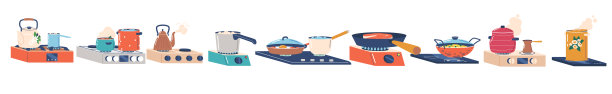 一套餐具架在烤箱上。烹饪概念与厨具，炖锅，锅或水壶站在厨房灶台图片下载