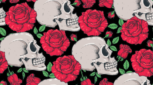 人类头骨和玫瑰无缝图案。手绘矢量插图。织物设计模板。头骨的背景。图片下载