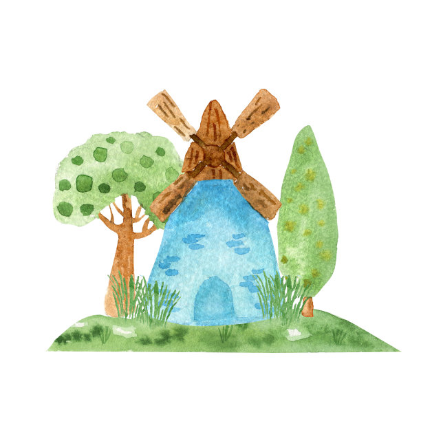 风车水彩插图。夏天农村景观。图片下载