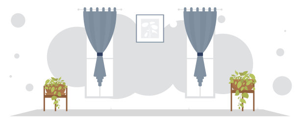 有装饰性植物的宽敞房间。内部。平的风格。图片下载