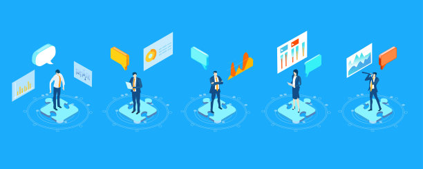 等距的商务人士图标。商人在行动，人们站在拼图上图片下载