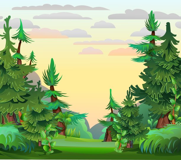 在松树林的灌木丛中。松柏科的云杉树。景观卡通风格。向量图片下载