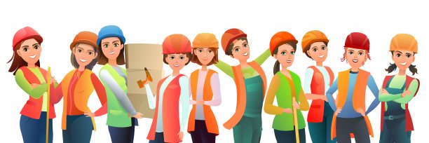 穿着背心和防护头盔的女建筑者。工人。开朗的人。站立姿势。卡通漫画风格的平面设计。单个的字符。插图孤立在白色背景。向量图片下载
